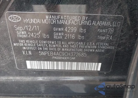 2012 Hyundai Sonata Gls from USA, damaged, VIN 5NPEB4AC9CH372685